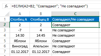 Как сравнить два столбца в Excel на совпадения