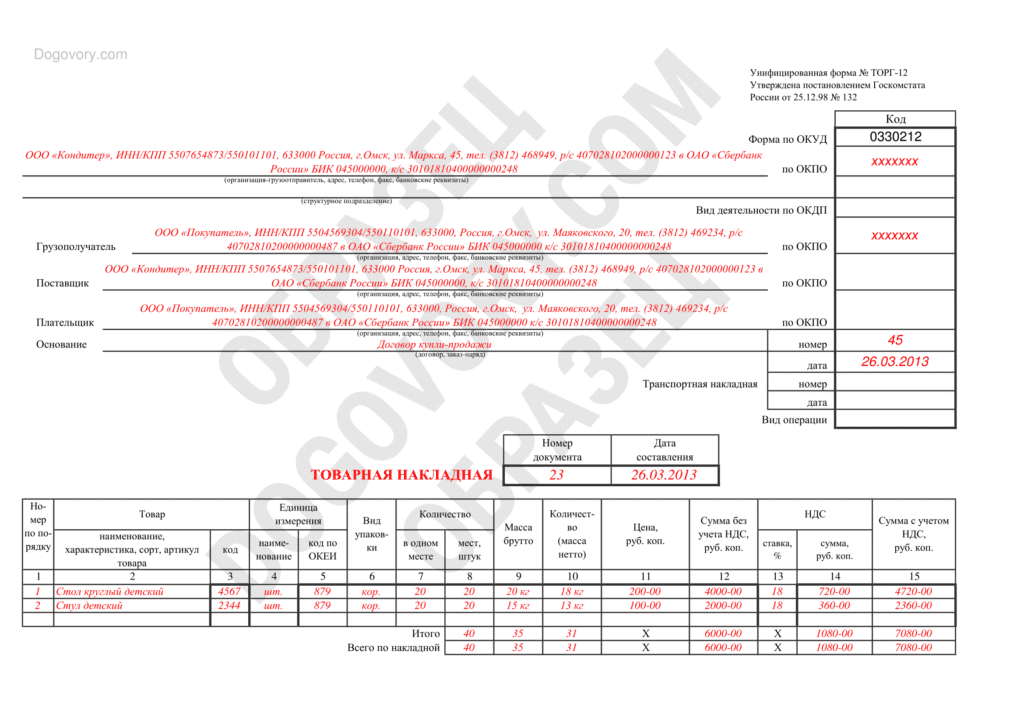 Образец торг 12 без ндс образец заполнения