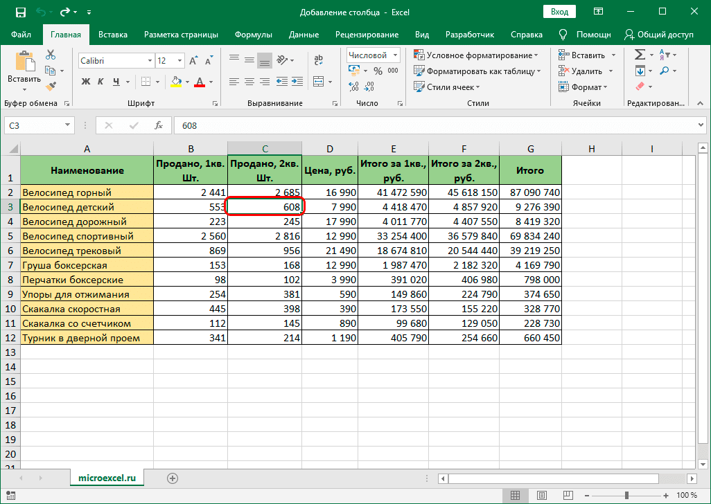 Ячейка, выбранная в таблице Excel