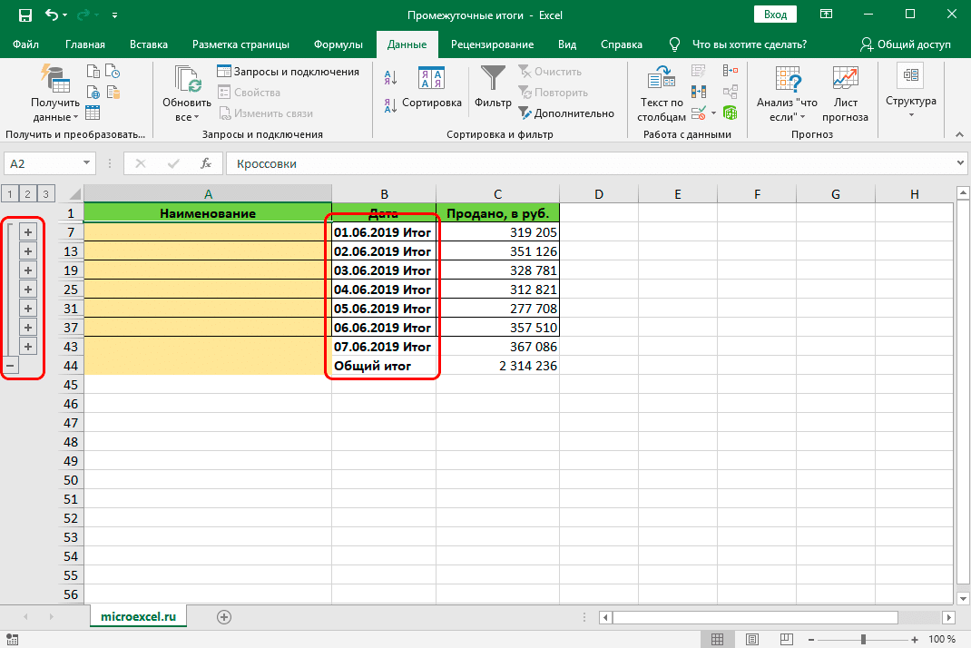 Как сделать промежуточные итоги в excel