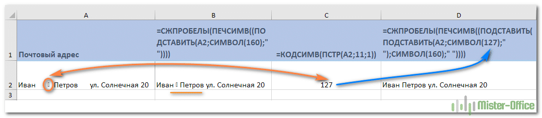 Убрать пробелы в ячейке excel