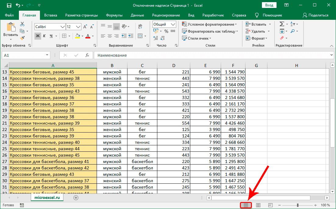 Обычный вид электронной таблицы Excel