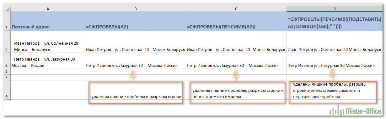 Убрать пробелы в ячейке excel