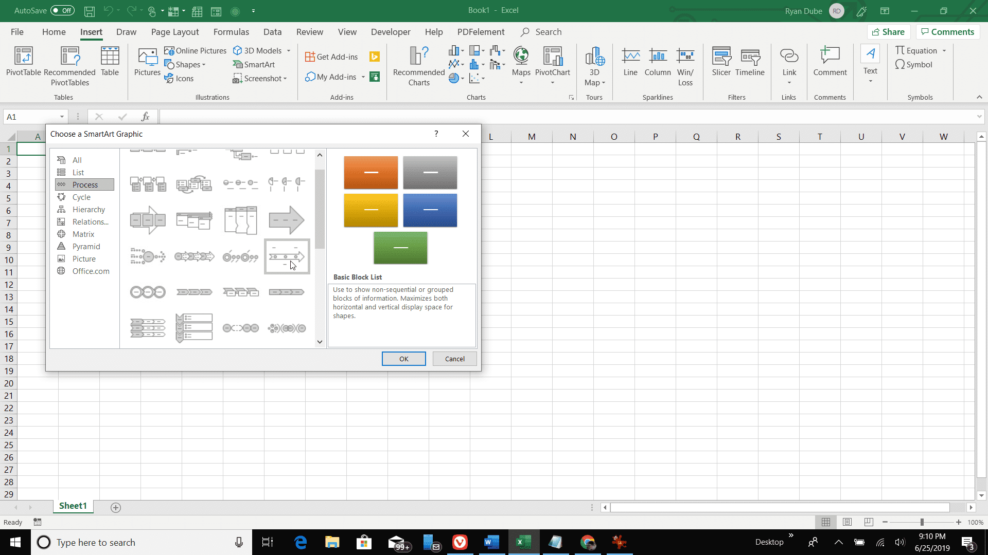 Снимок экрана выбора базовой временной шкалы в Excel SmartGraphic
