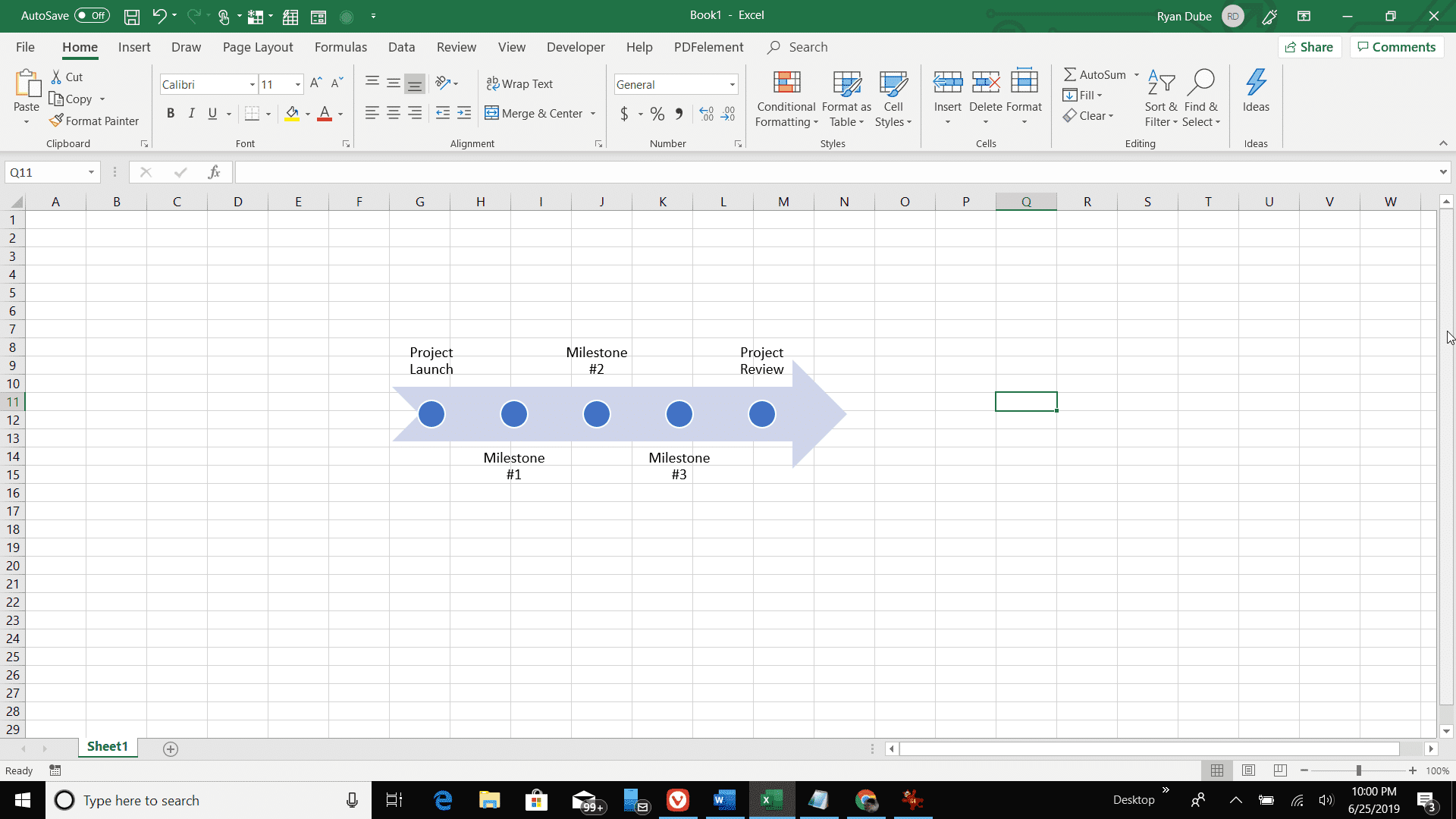 Снимок экрана временной шкалы Excel на листе Excel