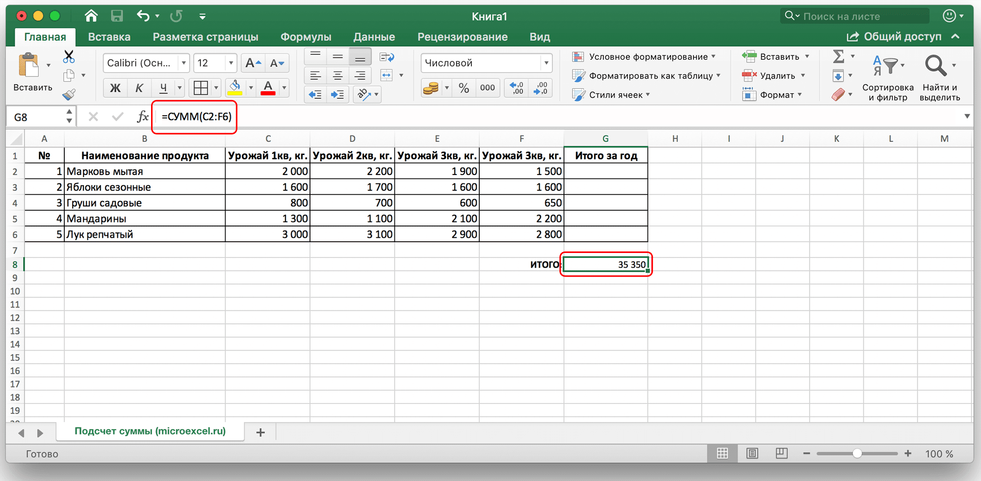 Расчет суммы ячеек в Microsoft Excel