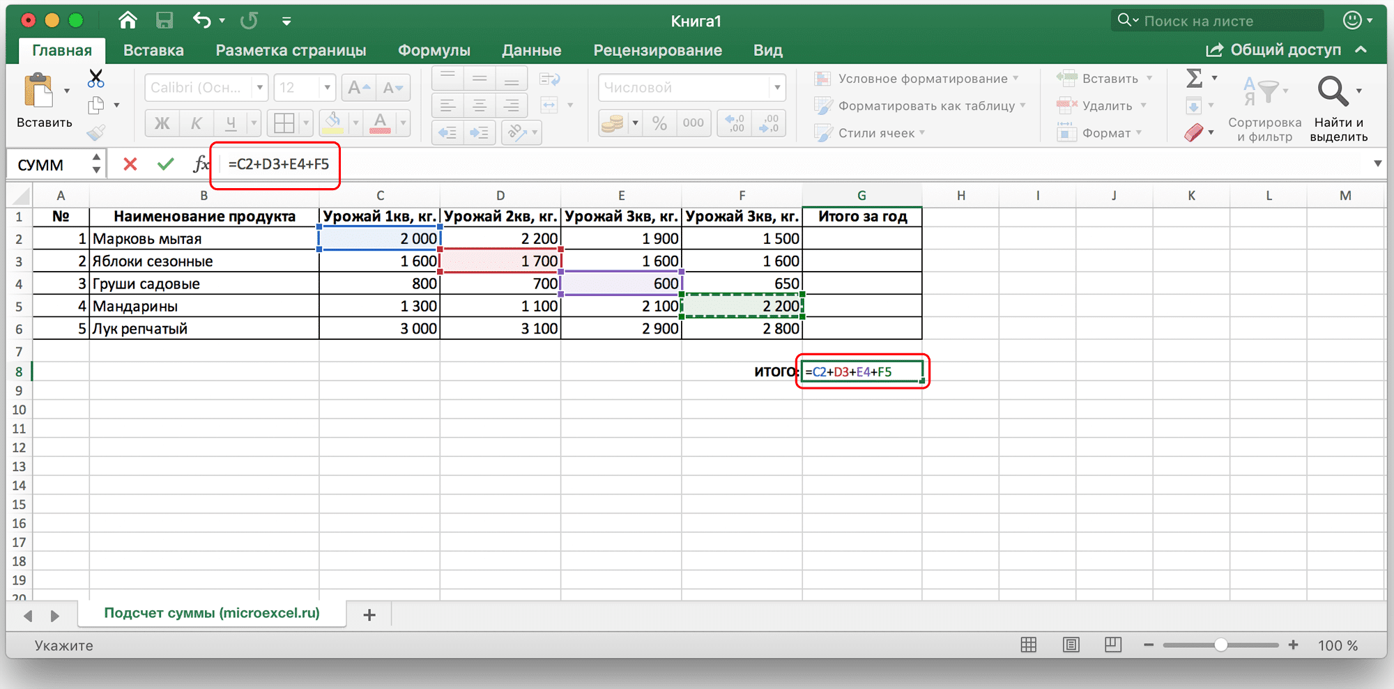 Расчет суммы ячеек в Microsoft Excel