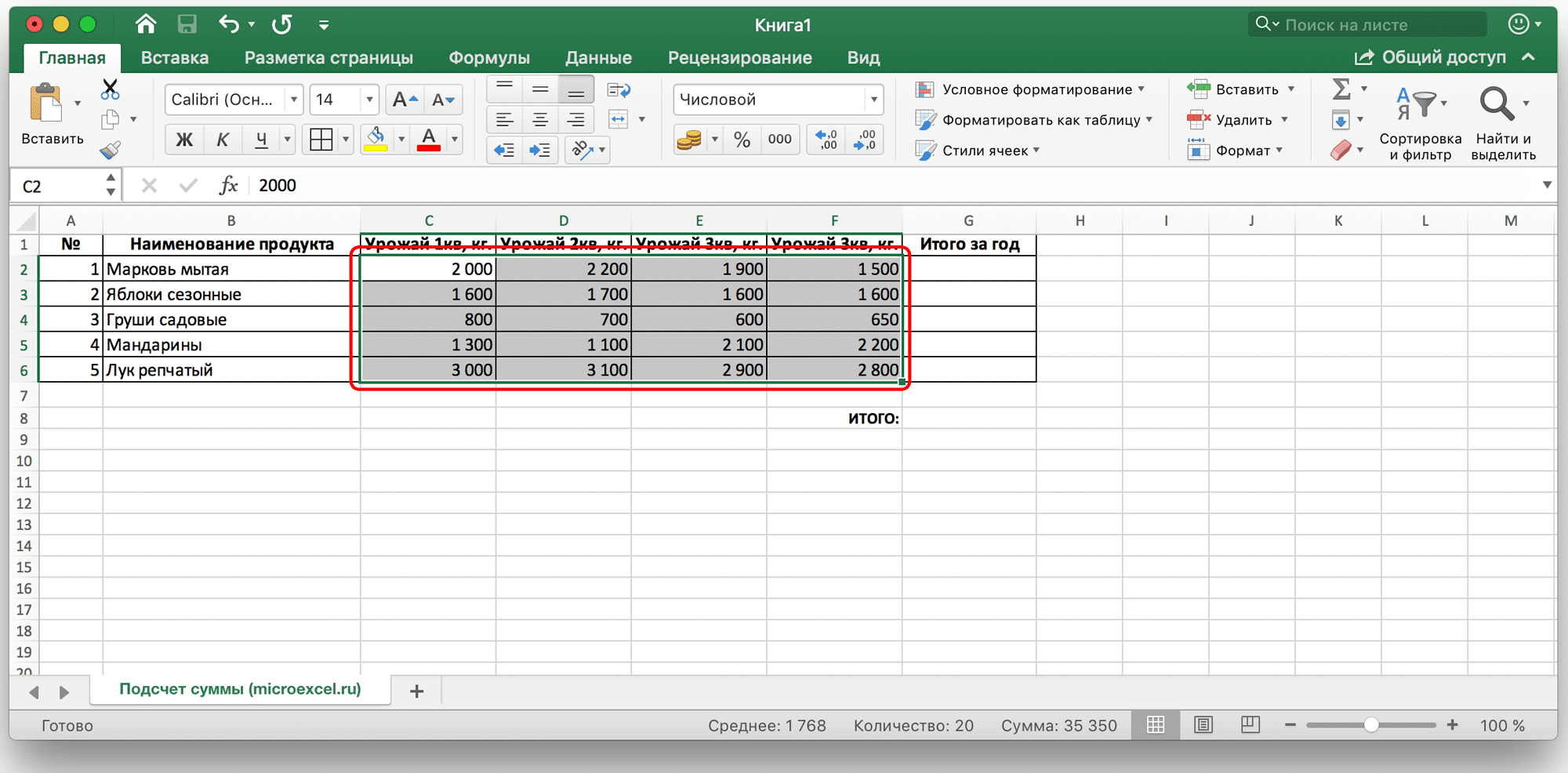 Расчет суммы ячеек в Microsoft Excel