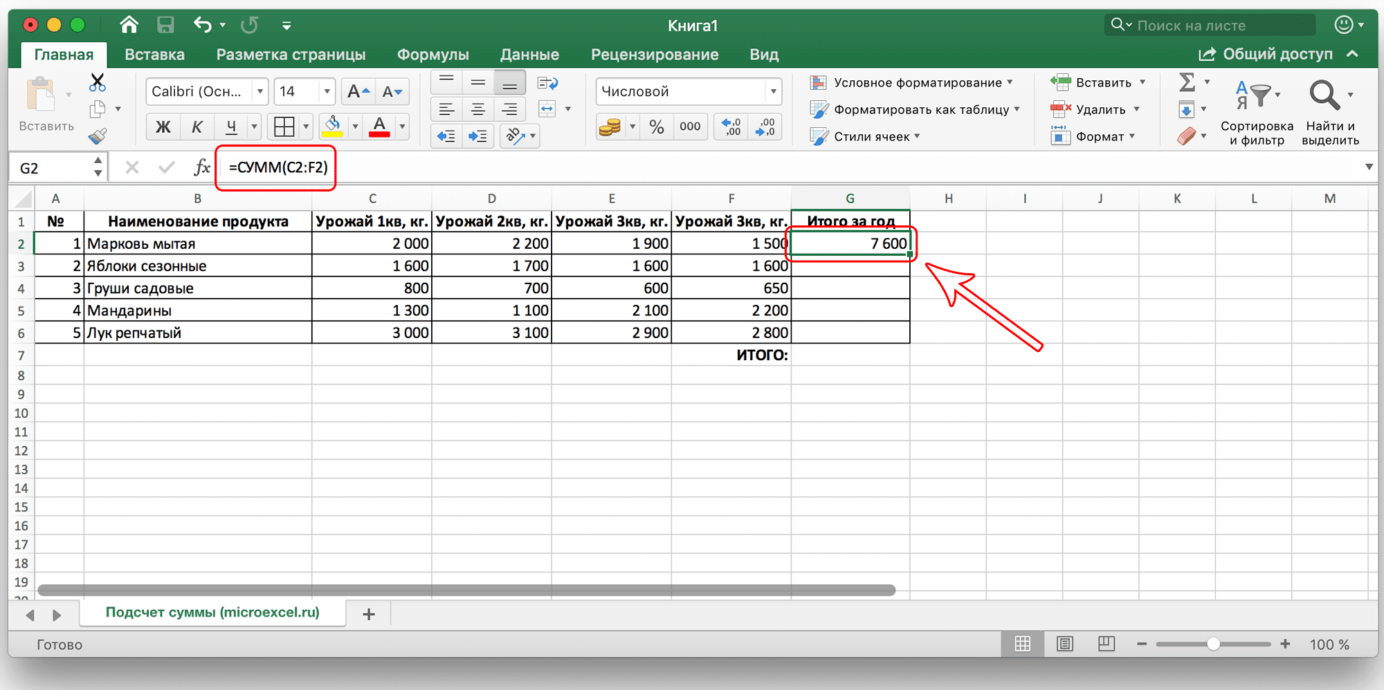 Расчет суммы ячеек в Microsoft Excel