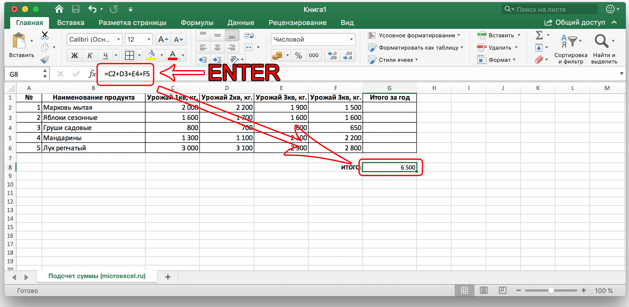 Расчет суммы ячеек в Microsoft Excel