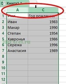 Выберите столбцы с помощью выделения