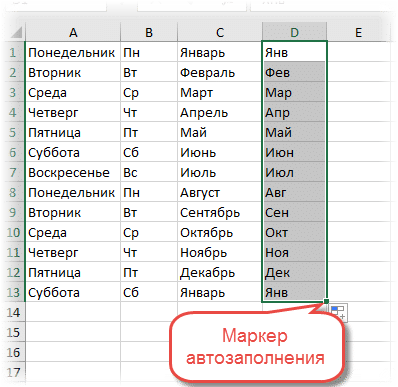 Автозаполнение дней недели в Excel