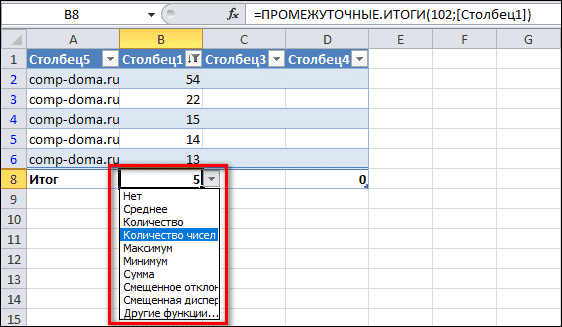 список возможных результатов