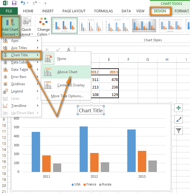 Заголовки диаграмм и осей Excel