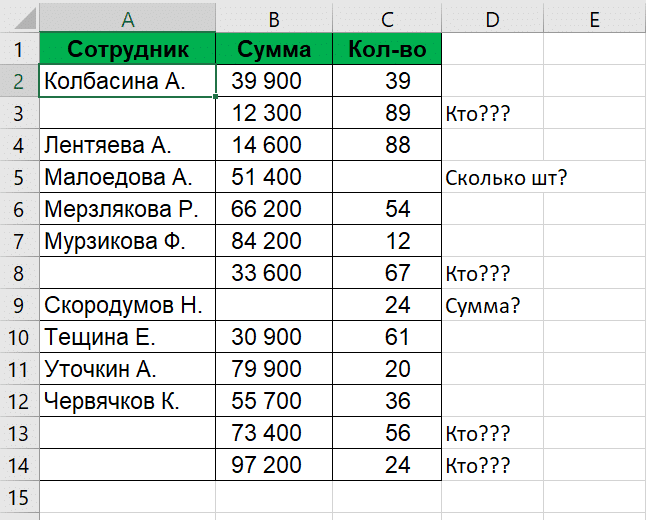 Найдите значения в первом столбце которых нет во втором excel