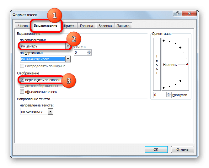 Вкладка «Выравнивание» в окне форматирования ячеек в Microsoft Excel