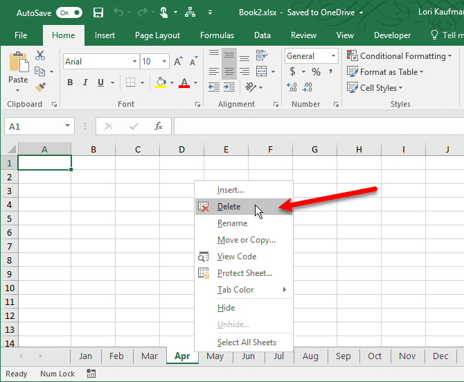 удалить карточку листа Excel