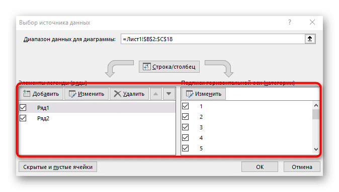 Изменение столбцов и строк при изменении осей диаграммы в Excel
