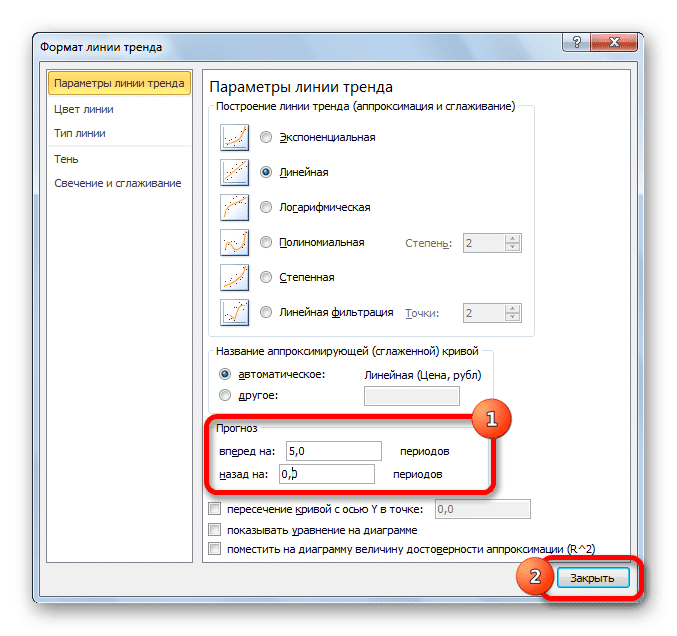 Настройки прогноза в Microsoft Excel