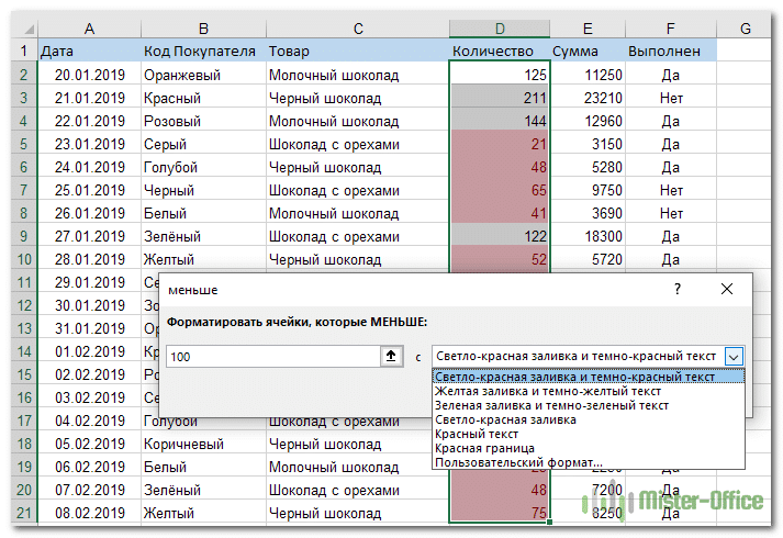 выбирает значения ниже определенного