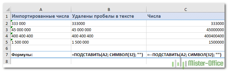 Убрать пробелы в ячейке excel