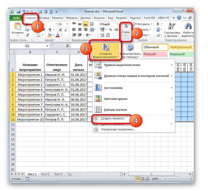 Перейти к созданию правила условного форматирования в Microsoft Excel