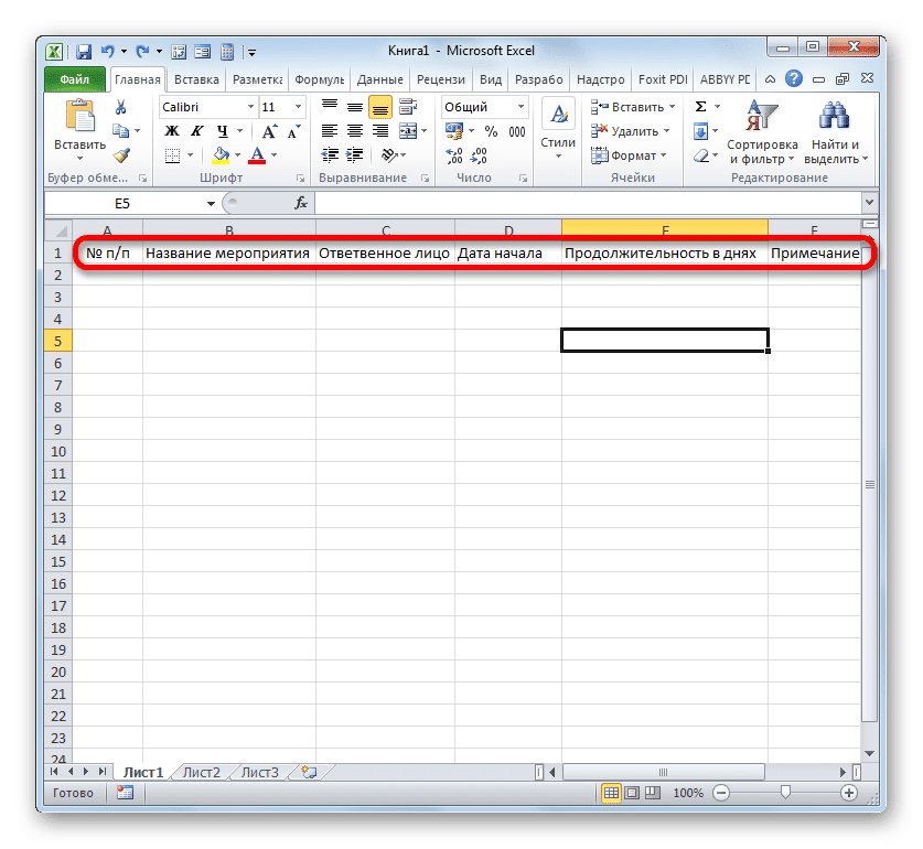 Имена столбцов в заголовке таблицы в Microsoft Excel