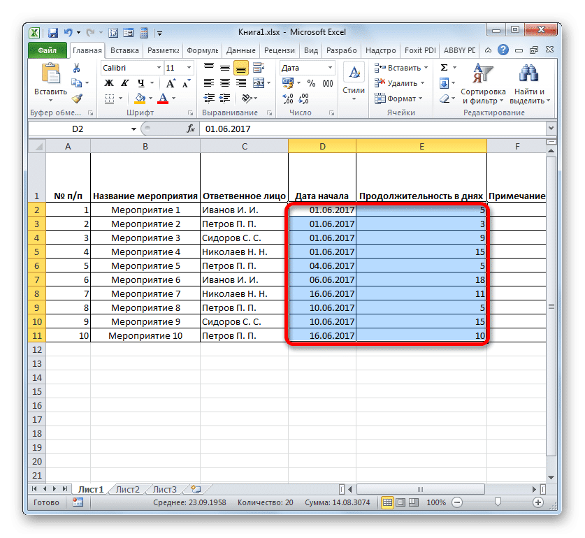 Даты начала и продолжительность в днях определенных событий в Microsoft Excel
