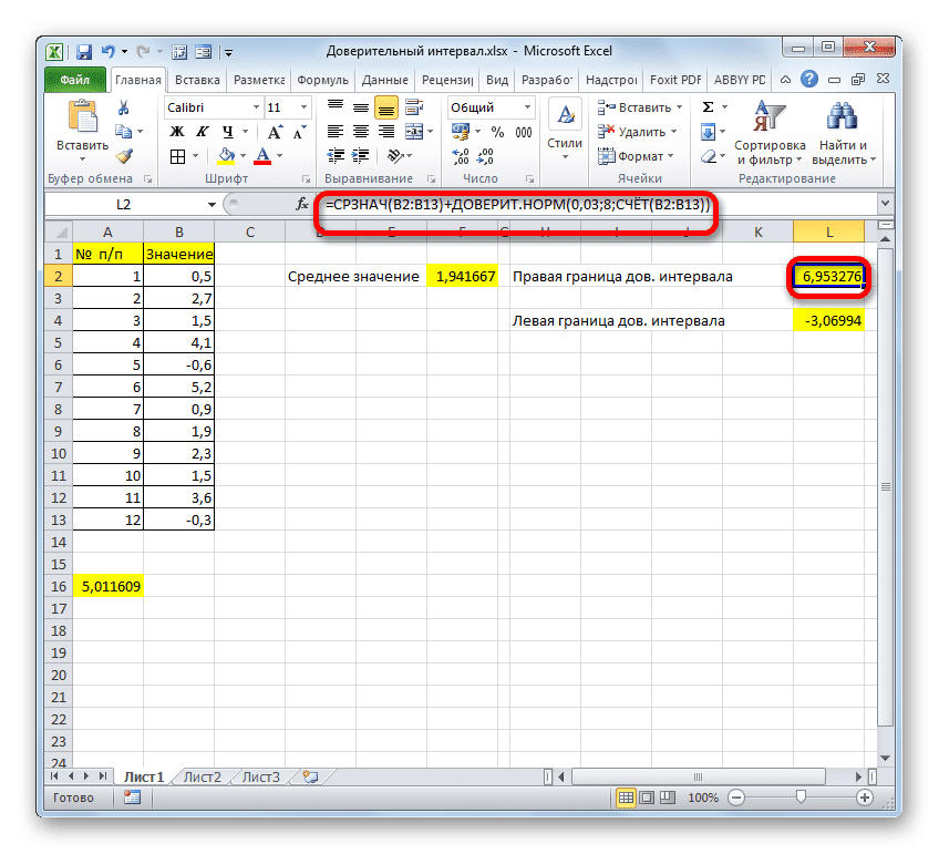 Правый край доверительного интервала формулы в Microsoft Excel