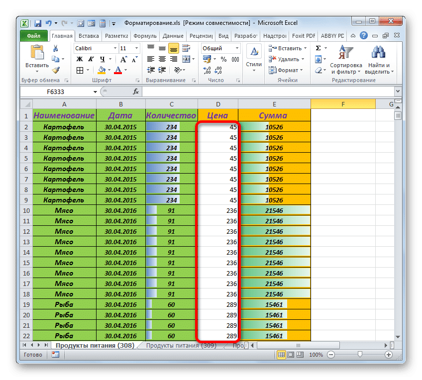 Столбец удален из форматов в Microsoft Excel
