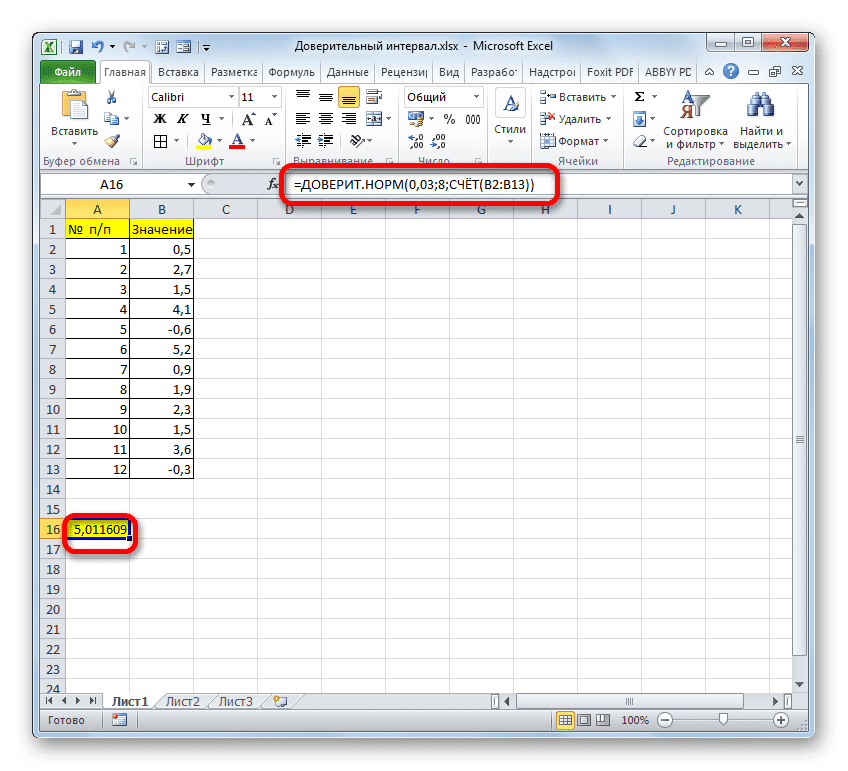 Результат вычисления функции КОНФИДЕНЦИЯ.НОРМ в Microsoft Excel