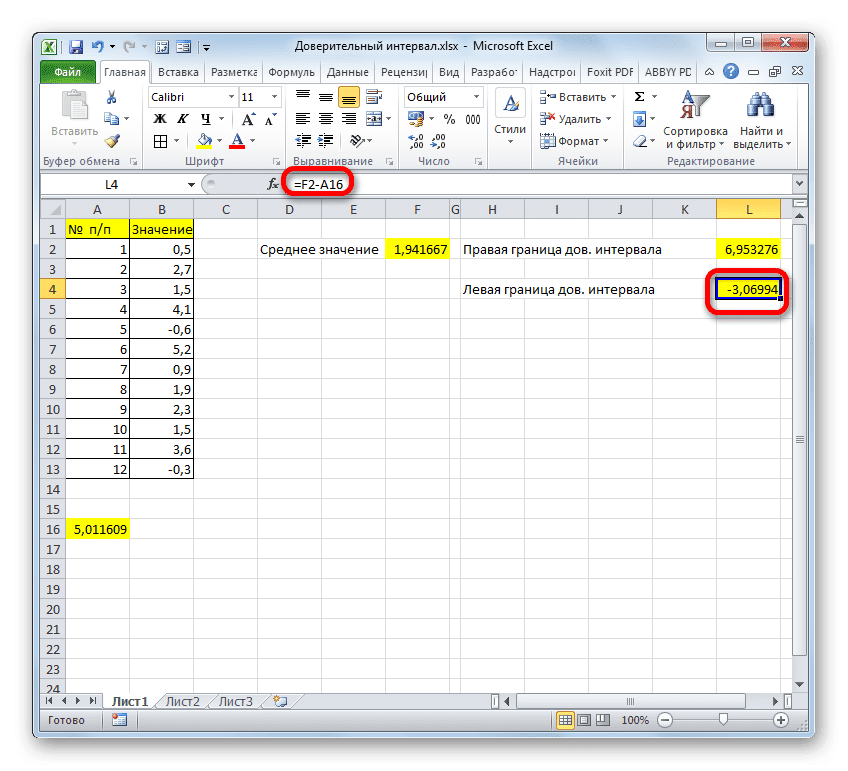 Левый край доверительного интервала в Microsoft Excel