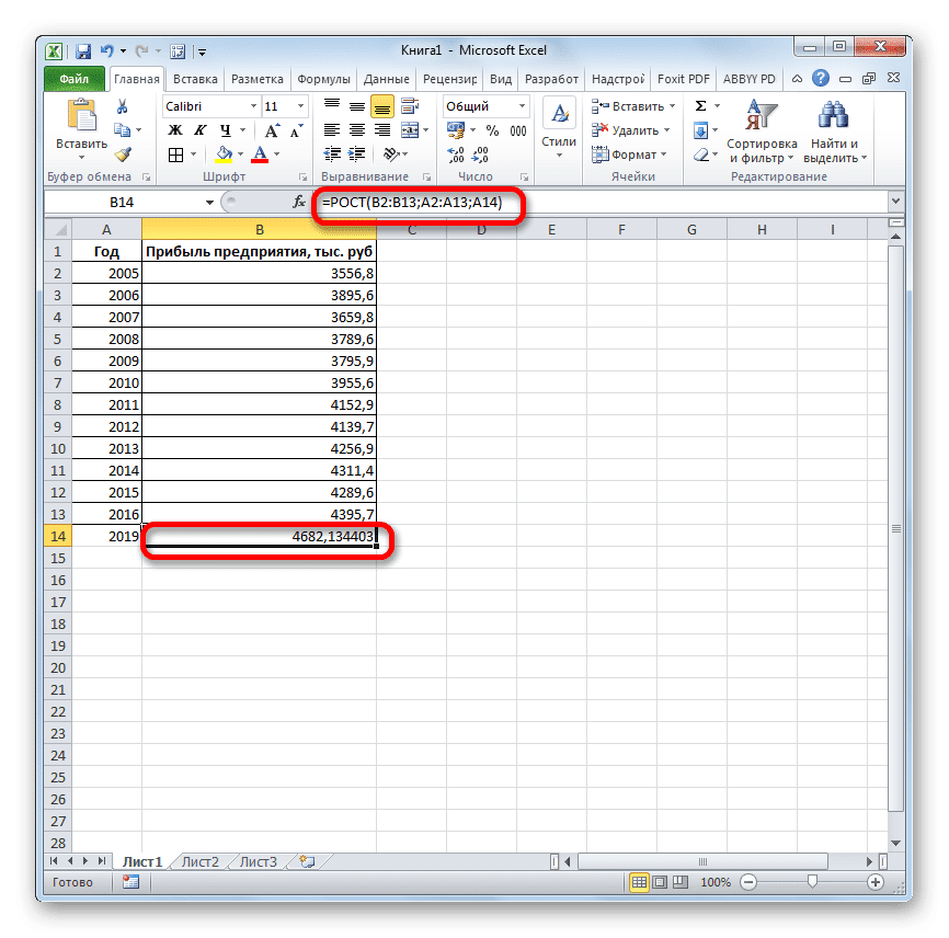 Результат функции РОСТ в Microsoft Excel