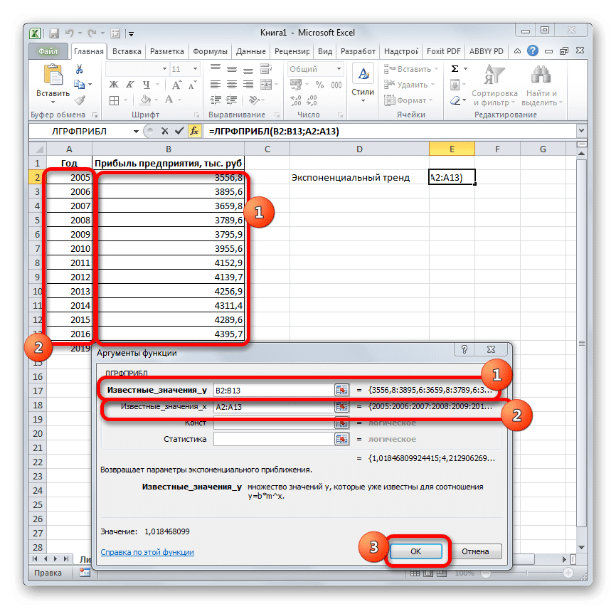 Аргументы функции LGRFPRIBL в Microsoft Excel