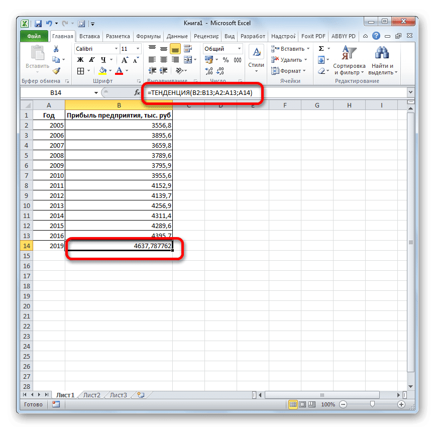 Результат функции ТЕНДЕНЦИЯ в Microsoft Excel