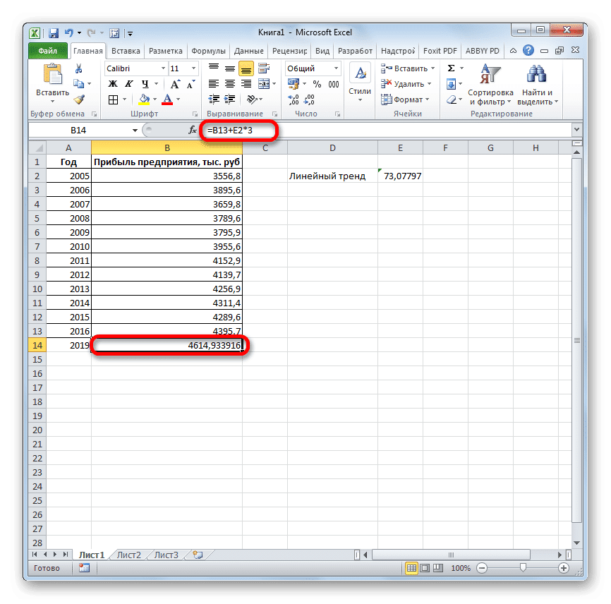 Окончательный расчет ЛИНЕЙН в Microsoft Excel