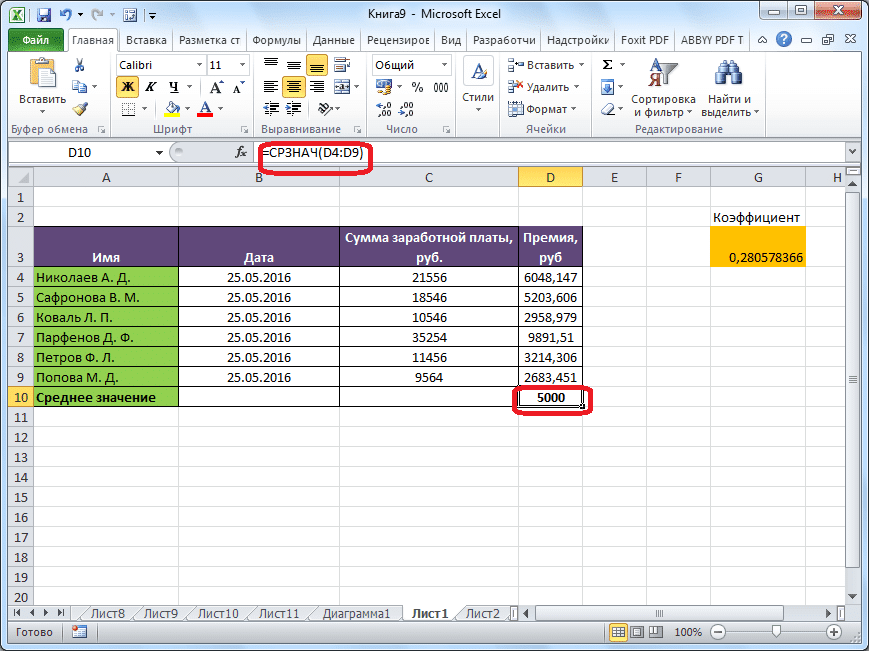Среднее арифметическое рассчитывается в Microsoft Excel