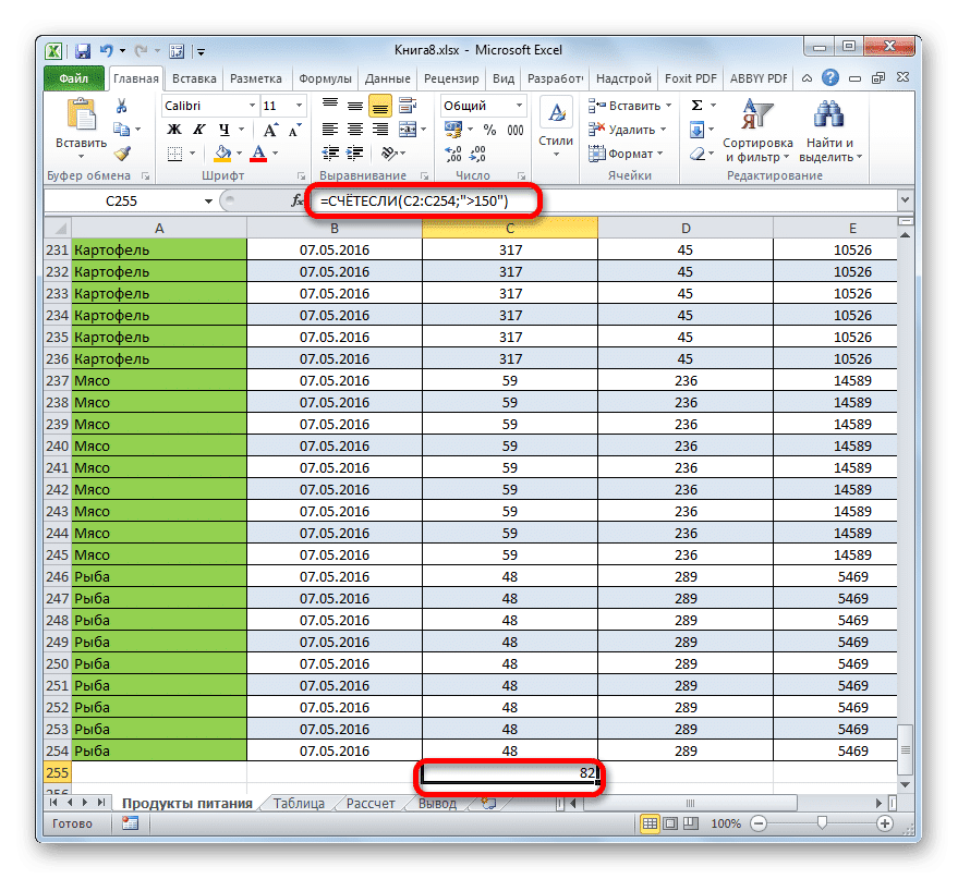 Результат подсчета значений больше 50 функцией СЧЁТЕСЛИ в Microsoft Excel