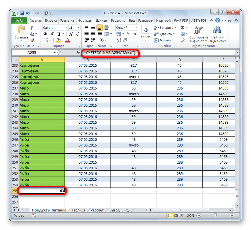 Результат вычисления функции СЧЁТЕСЛИ в Microsoft Excel