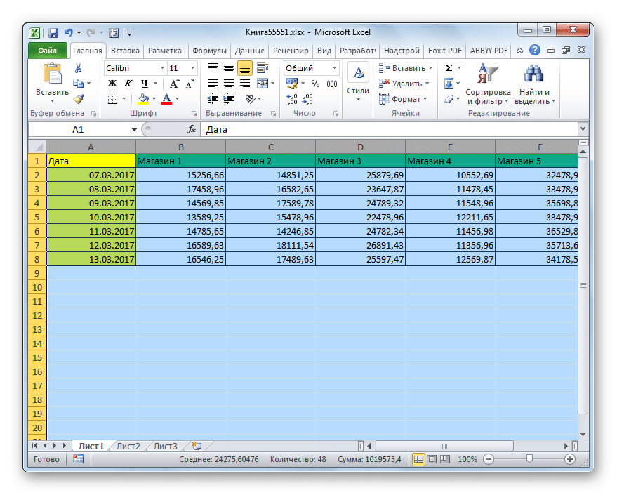 Ширина столбца увеличена в Microsoft Excel