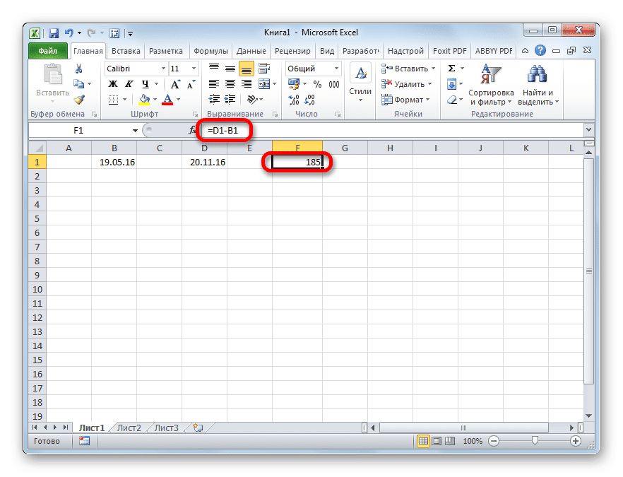 Результат вычисления разницы между датами в Microsoft Excel