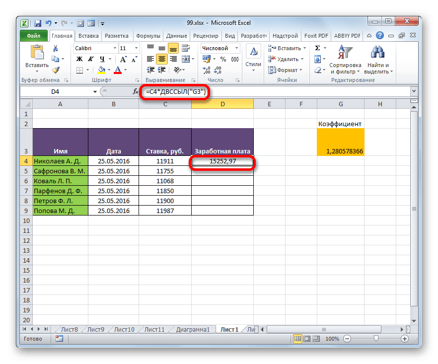 Результат вычисления формулы с функцией ДВССЫЛ в Microsoft Excel