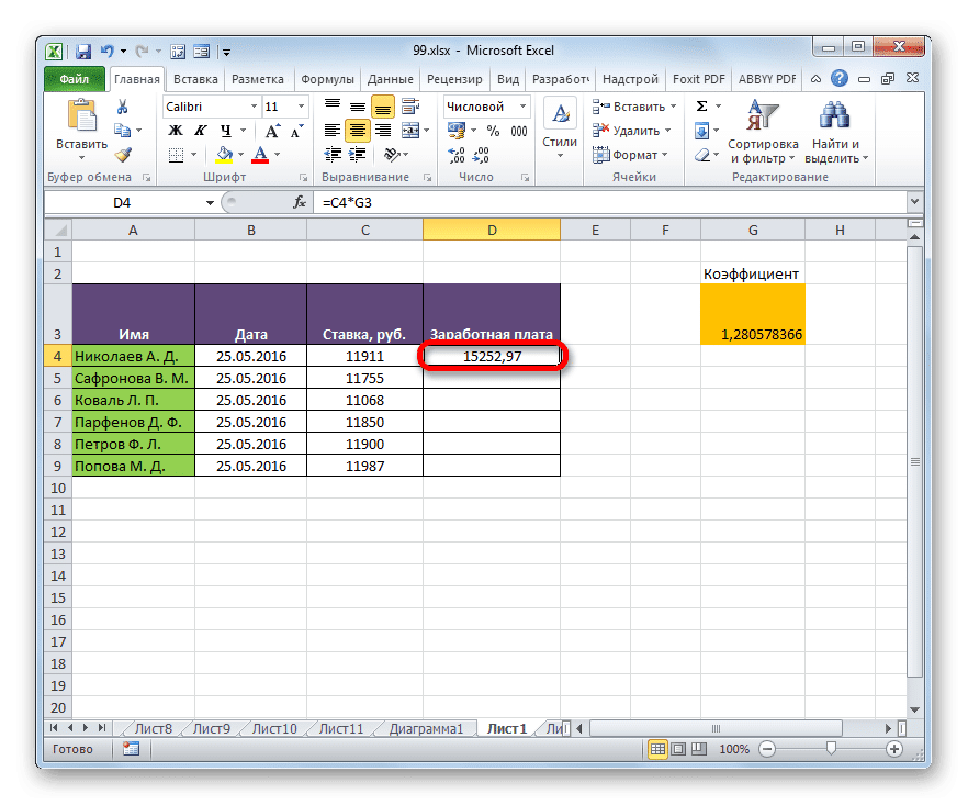 Результат расчета зарплаты первого сотрудника в Microsoft Excel