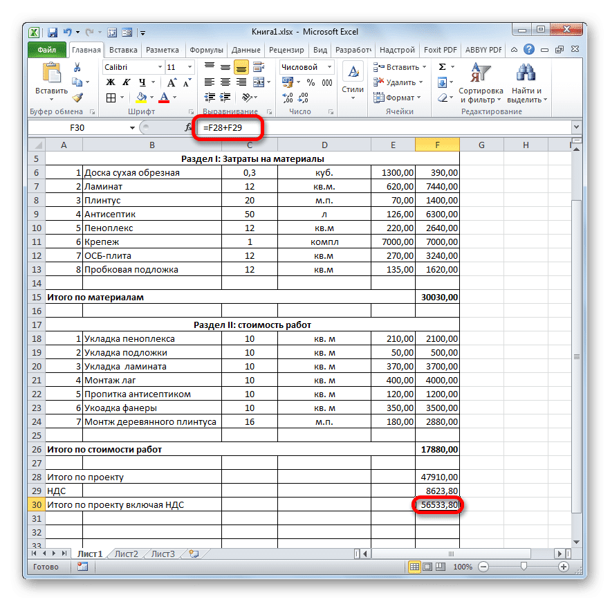 Результат расчета общих затрат по проекту НДС, включенный в Microsoft Excel