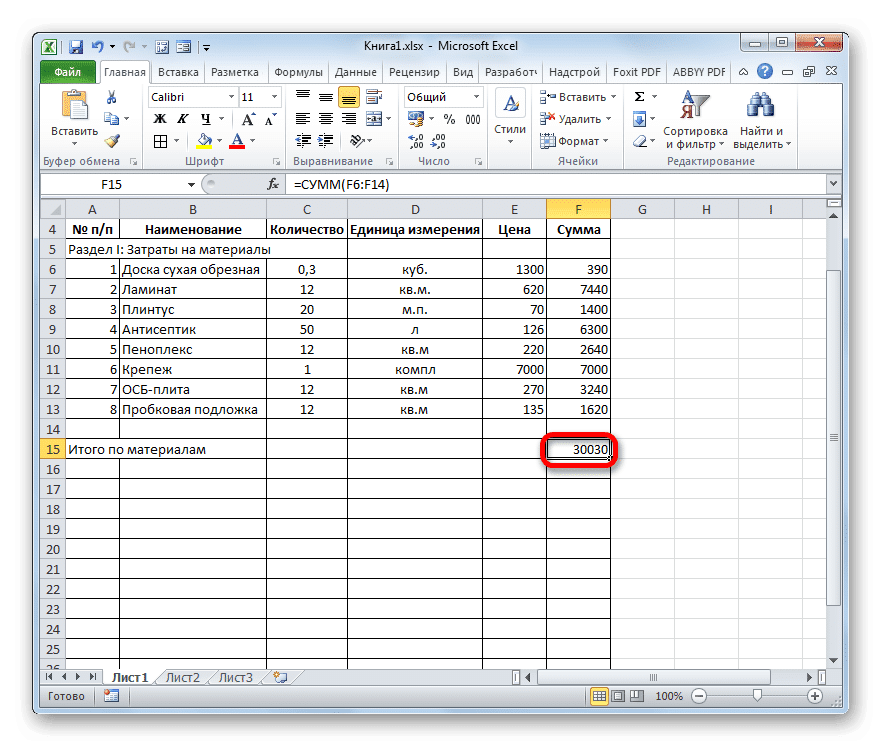 Произведен расчет автоматической суммы в Microsoft Excel