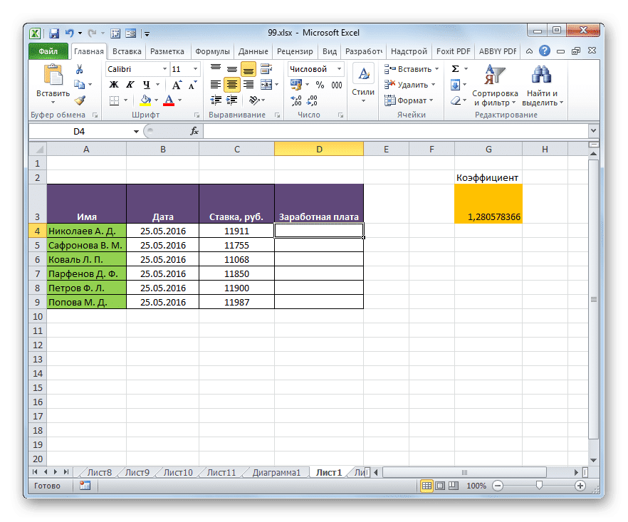 Таблица расчета заработной платы сотрудников в Microsoft Excel