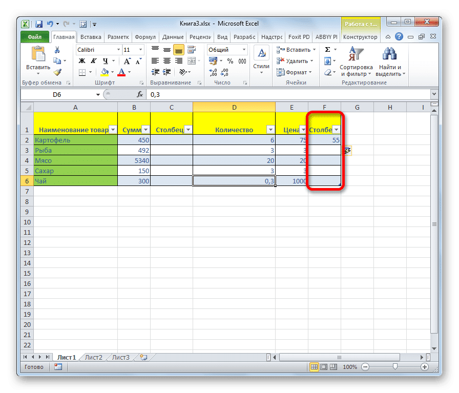 Столбец добавлен в смарт-таблицу в Microsoft Excel