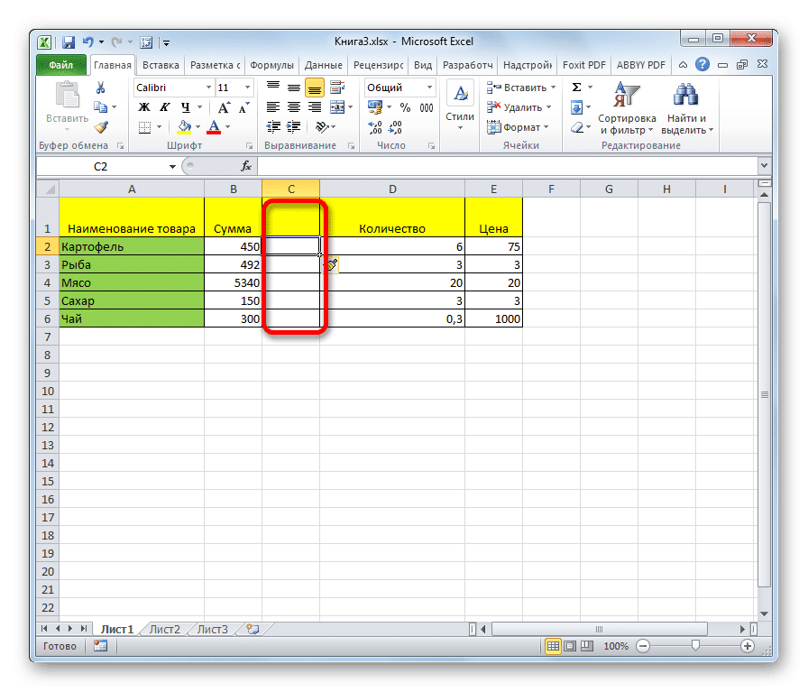 Столбец добавлен через контекстное меню в Microsoft Excel