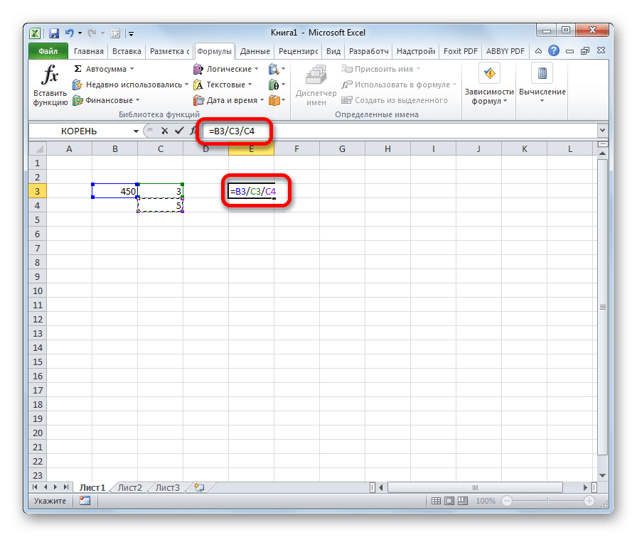 Делить числа в ячейках в Microsoft Excel