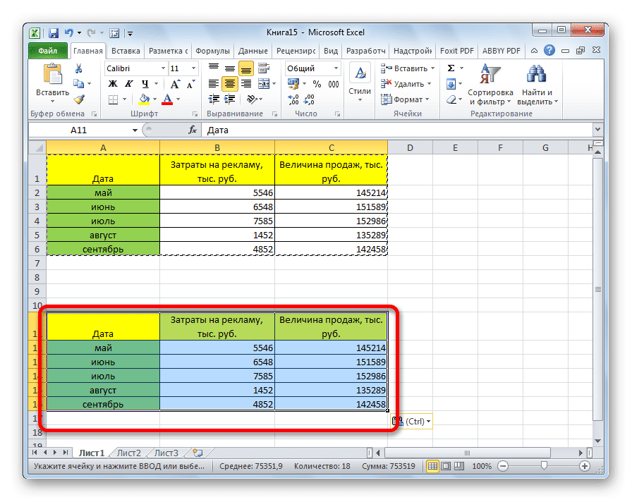 Таблица вставлена ​​с исходной шириной столбца в Microsoft Excel